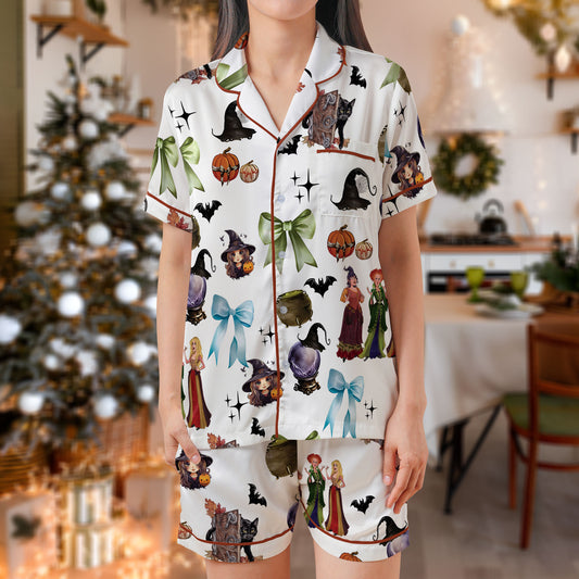 Hocus Pocus Witches Satin Pajama Set – Halloween Spell Print Sleepwear with Cats, Cauldrons & Bows | White Short Sleeve Loungewear for Women, Kids & Youth HPRPJMADS-39