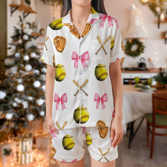 Softball Satin Pajama Set – Sporty Pink Bow & Glove Print Sleepwear | White Short Sleeve Loungewear for Athletes, Teams & Fans HPRPJMADS-43