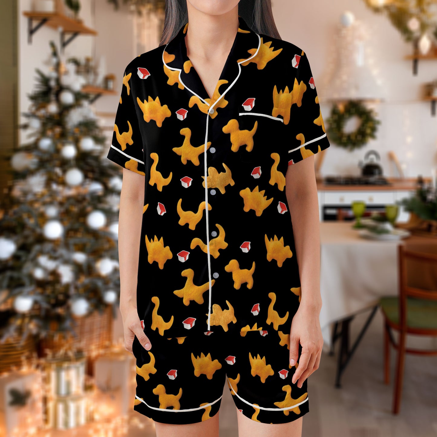 Dino Nugget Satin Pajama Set – Fun Chicken Nugget Print Sleepwear | Black Short Sleeve Loungewear with White Piping for Food Lovers HPRPJMADS-44