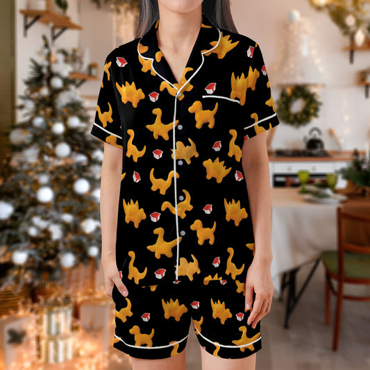 Dino Nugget Satin Pajama Set – Fun Chicken Nugget Print Sleepwear | Black Short Sleeve Loungewear with White Piping for Food Lovers HPRPJMADS-44