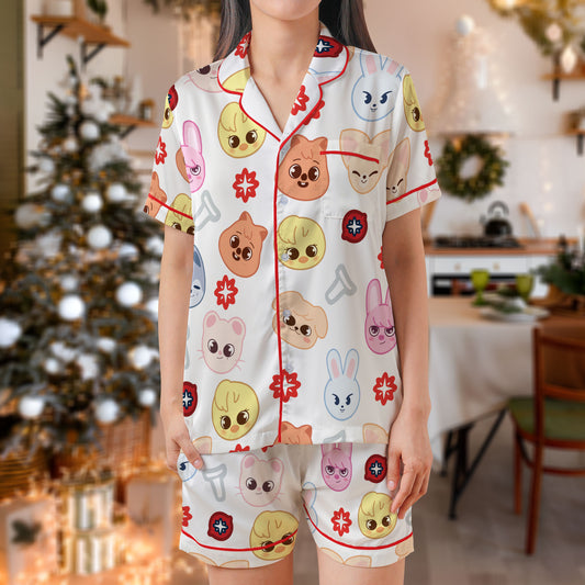 Cute Animal Faces Satin Pajama Set – Colorful Cartoon Bunny & Puppy Print Sleepwear | White Short Sleeve Loungewear with Red Piping for All Ages HPRPJMADS-45