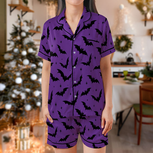 Purple Halloween Bat Satin Pajama Set – Spooky Bat Print Sleepwear | Short Sleeve Satin Loungewear with Black Trim for Halloween Lovers HPRPJMADS-47
