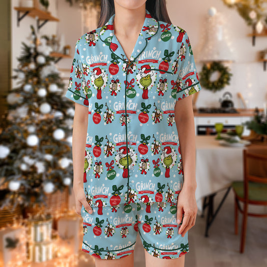The Grinch Christmas Satin Pajama Set – Blue Festive Holiday Sleepwear | Short Sleeve Satin Loungewear with Grinch & Christmas Ornament Print HPRPJMADS-48