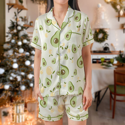 Avocado Print Satin Pajama Set – Cute Green Fruit Pattern Sleepwear | White Short Sleeve Satin Loungewear with Green Piping Trim for Women HPRPJMADS-53