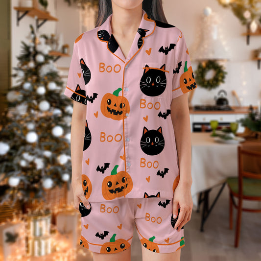 Halloween Satin Pajama Set – Pink “Boo” Print Sleepwear with Black Cats, Pumpkins & Bats | Cute Short Sleeve Satin Loungewear with Orange Piping Trim HPRPJMADS-54