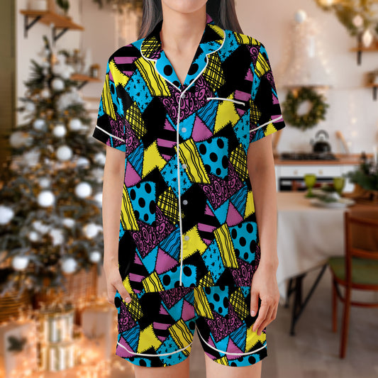 Patchwork Pop Art Satin Pajama Set – Vibrant Multicolor Geometric Sleepwear | Retro Short Sleeve Satin Loungewear for Women & Teens HPRPJMADS-64