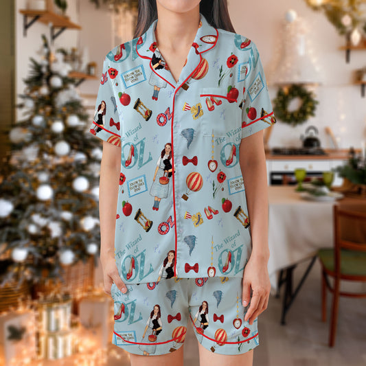 Wizard of Oz Satin Pajama Set – Light Blue Sleepwear Featuring Dorothy & Iconic Movie Elements | Classic Short Sleeve Satin Loungewear for Women & Teens HPRPJMADS-64