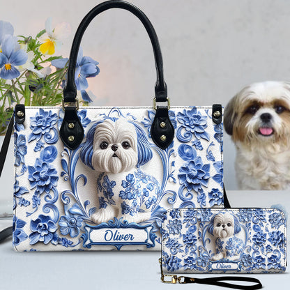 Cute Dog Shih Tzu - Personalized Dog Leather Handbag & Leather Long Wallet