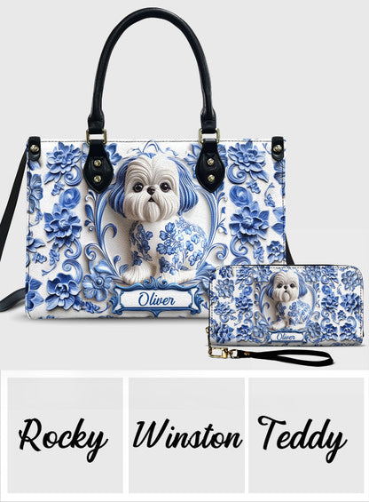 Cute Dog Shih Tzu - Personalized Dog Leather Handbag & Leather Long Wallet