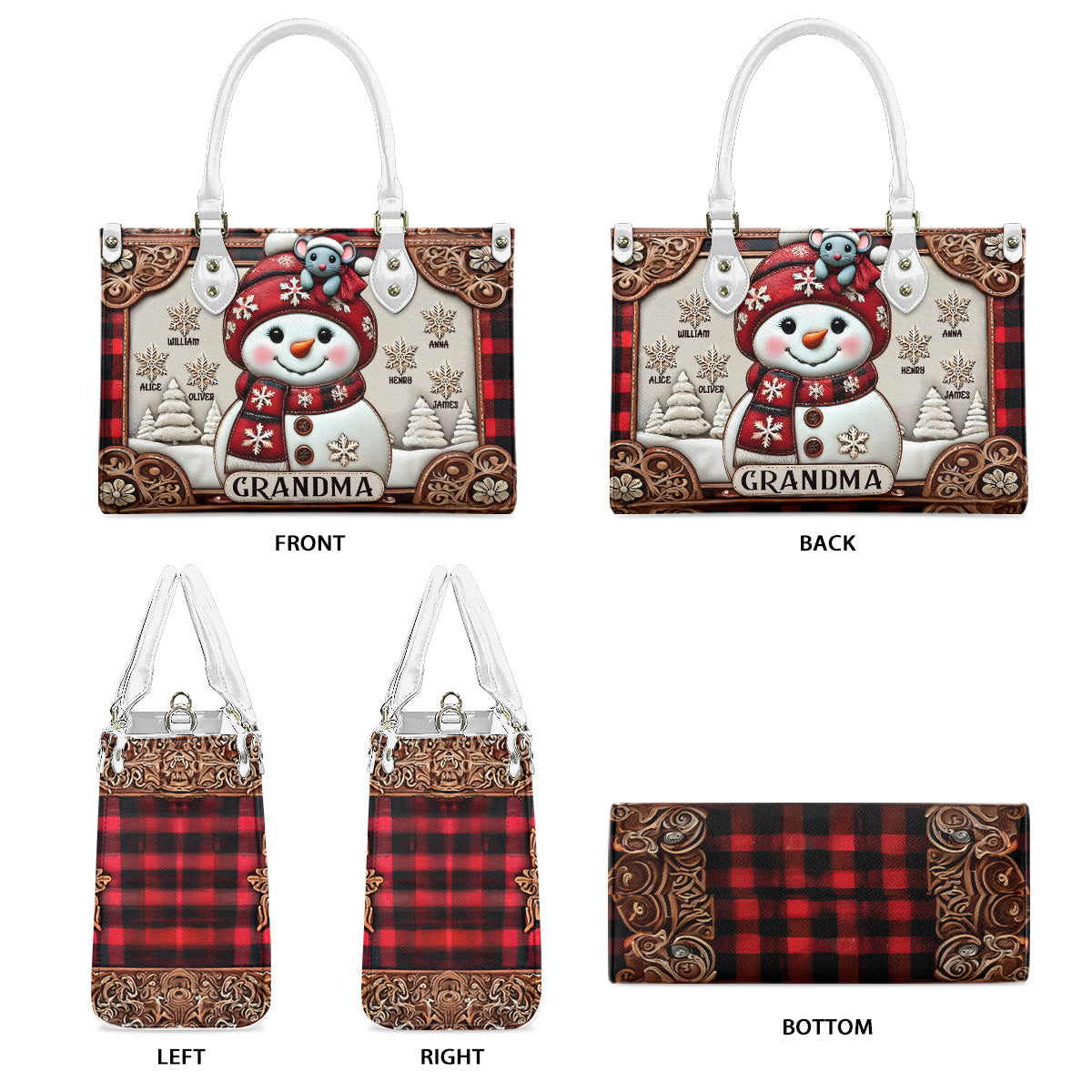Grandma Snowman Christmas - Personalized Grandma Leather Handbag