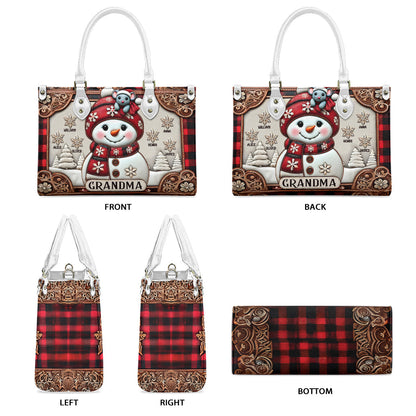 Grandma Snowman Christmas - Personalized Grandma Leather Handbag