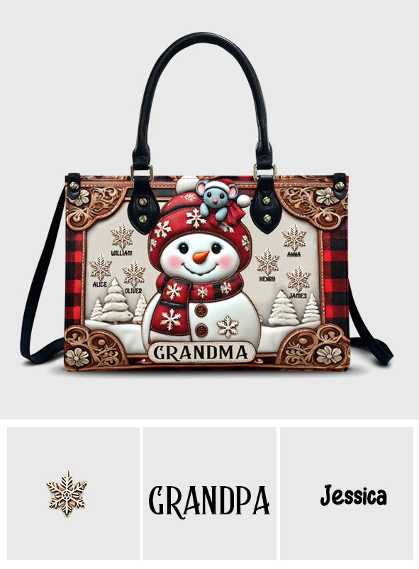 Grandma Snowman Christmas - Personalized Grandma Leather Handbag