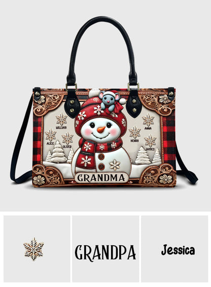 Grandma Snowman Christmas - Personalized Grandma Leather Handbag