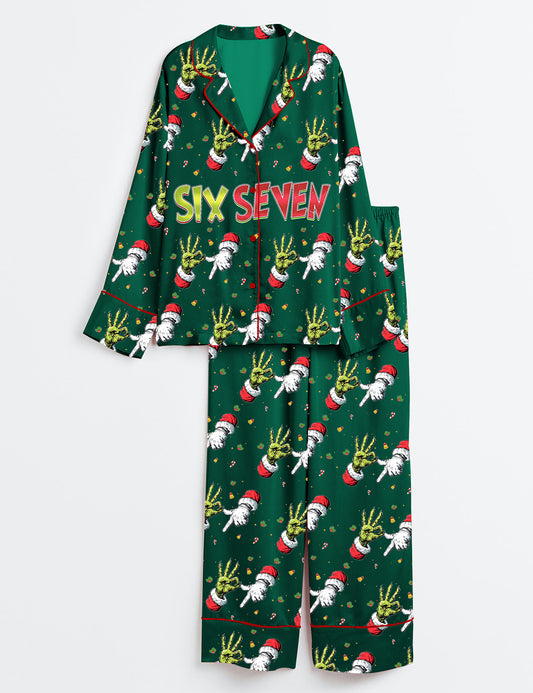 Women’s Trending Six Seven Christmas Grinch Santa Long Sleeve Satin Pajama Set