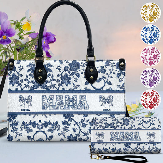 Toile De Jouy Mom - Personalized Mother Leather Handbag & Leather Long Wallet