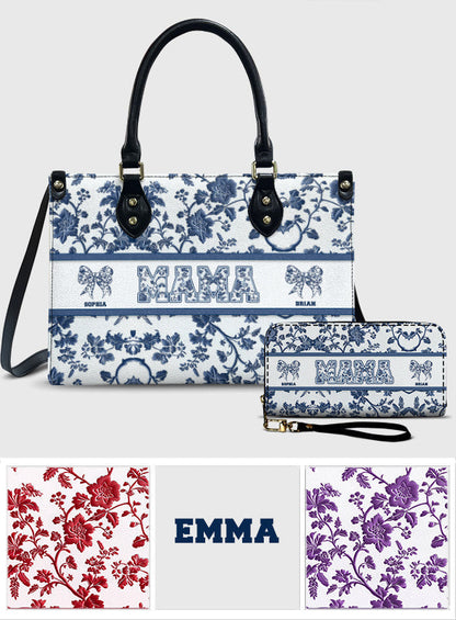 Toile De Jouy Mom - Personalized Mother Leather Handbag & Leather Long Wallet