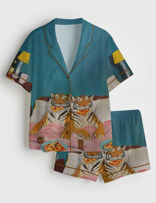 Women’s Tiger Pizza Print Bedroom Funny Short Sleeve Satin Pajama Set