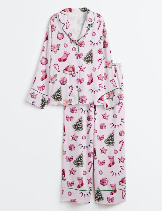 Women’s Pink Christmas Tree Gifts Long Sleeve Satin Pajama Set