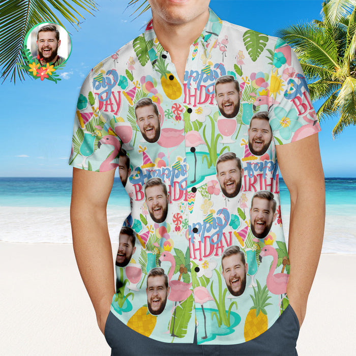 Custom Face Hawaiian Shirt Men's All Over Print Large Leaves Short Sleeve Shirt