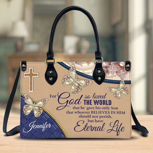 For God So Loved The World - Personalized Butterfly Leather Handbag