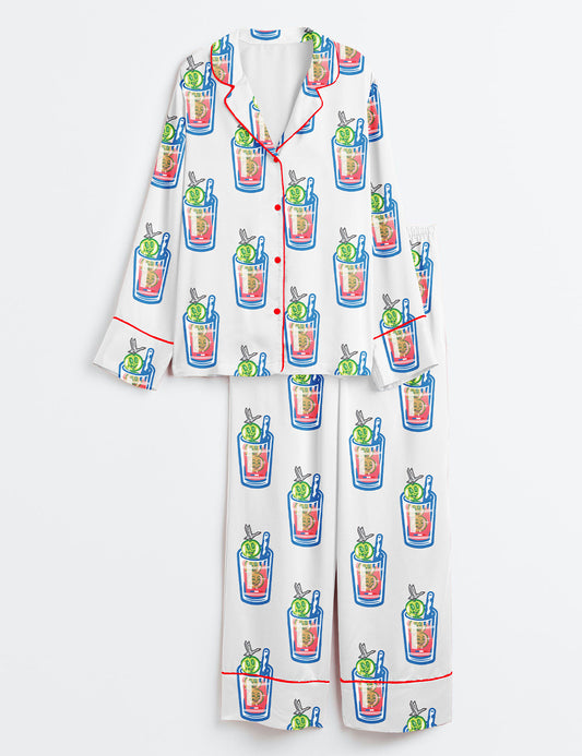 Women’s Watercolor Tennis US Open Honey Deuce Drink Art Print Long Sleeve Satin Pajama Set