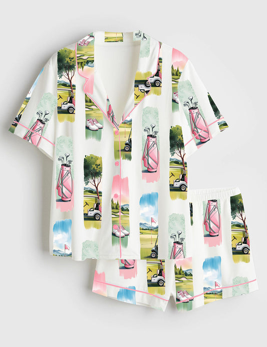 Women’s Watercolor Golf Brush Stroke Golf Lover Masters Golf Print Short Sleeve Satin Pajama Set