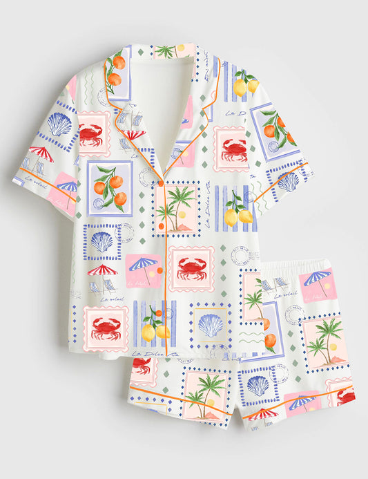 Women’s Summer Beach Travel Short Sleeve Satin Pajama Set