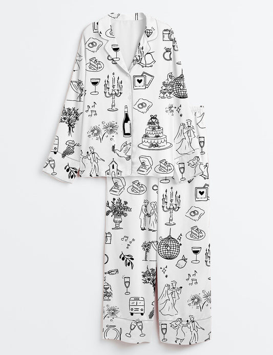 Women’s Hand Drawn Wedding Timeline Wedding Icons Champagne Print Long Sleeve Satin Pajama Set
