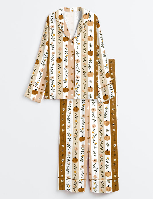 Women’s Autumn Pumpkin Flowers And Stripes Long Sleeve Satin Pajama Set