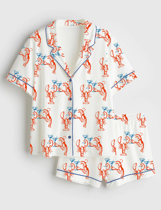 Women’s Martini Lobster Fisherman Aesthetic Lobster Cocktail Summer Martini Short Sleeve Satin Pajama Set
