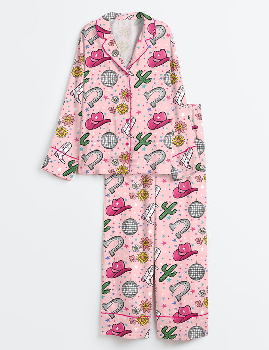 Women’s Pink Western Disco Cowgirl Long Sleeve Satin Pajama Set