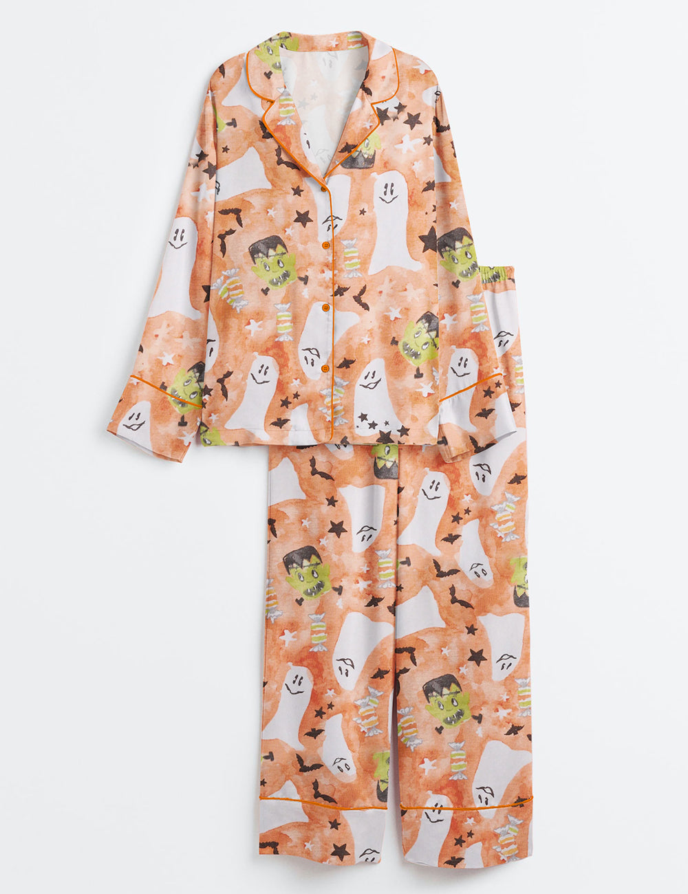 Men’s Starry Ghost Spooky Halloween Cute Ghost Aesthetics Pastel Halloween Print Long Sleeve Satin Pajama Set