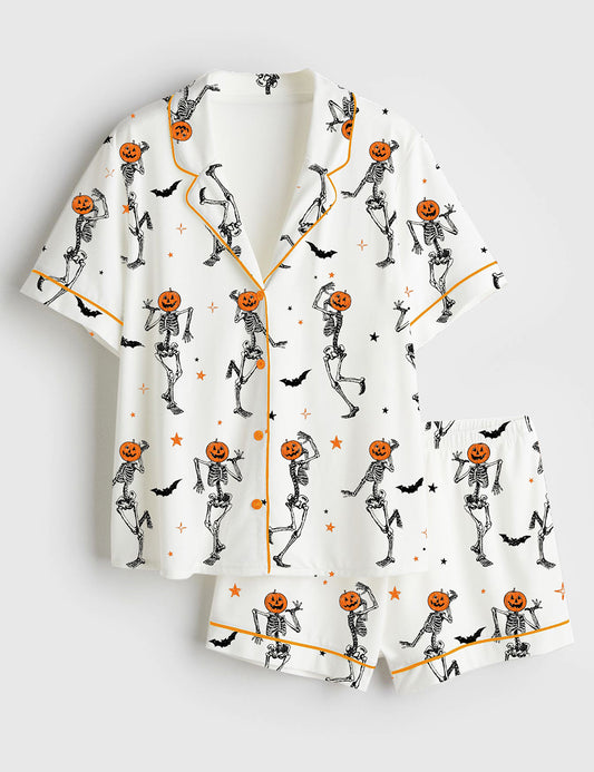 Women’s Dancing Skeleton Pumpkin Retro Halloween Short Sleeve Satin Pajama Set