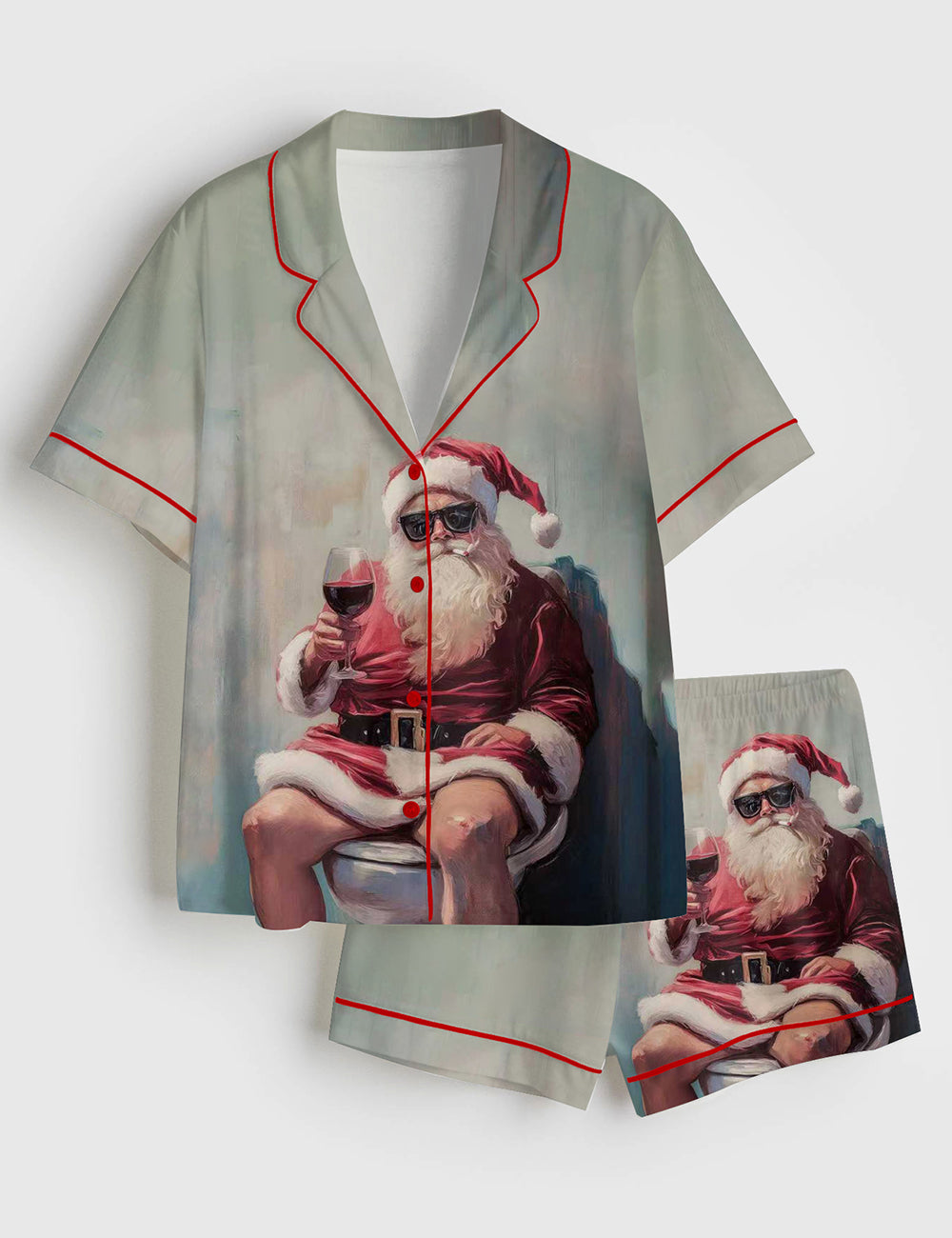 Women’s Bathroom Christmas Santa Humor Festive Holiday Wine Lover Short Sleeve Satin Pajama Set