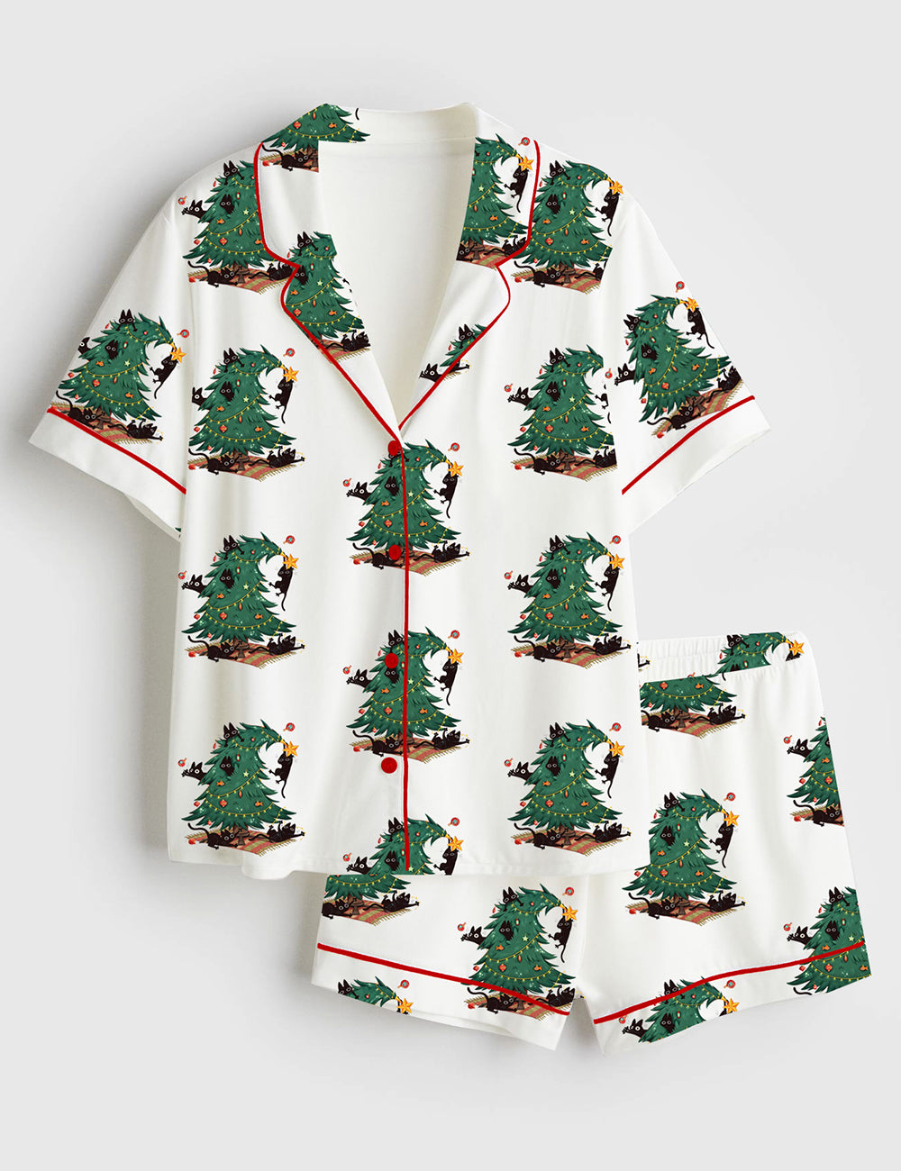 Women’s Vintage Christmas Tree And Cat Cute Cat Lover Short Sleeve Satin Pajama Set