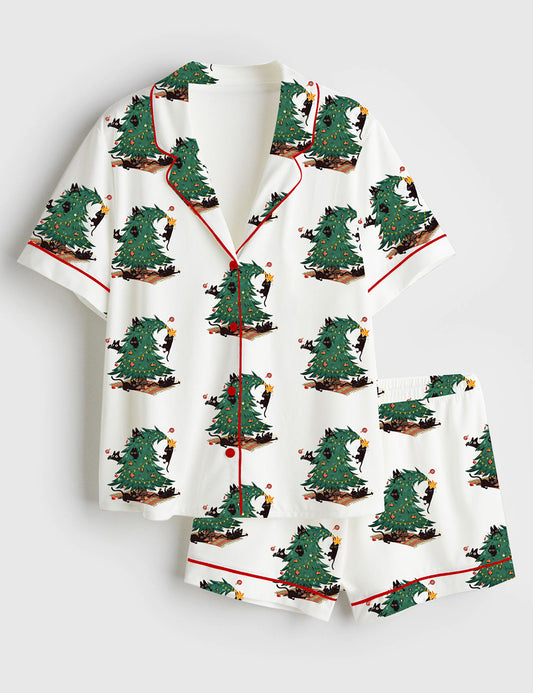 Women’s Vintage Christmas Tree And Cat Cute Cat Lover Short Sleeve Satin Pajama Set