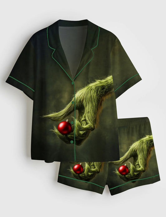 Women’s The Grinch Holding An Ornament Christmas Short Sleeve Satin Pajama Set