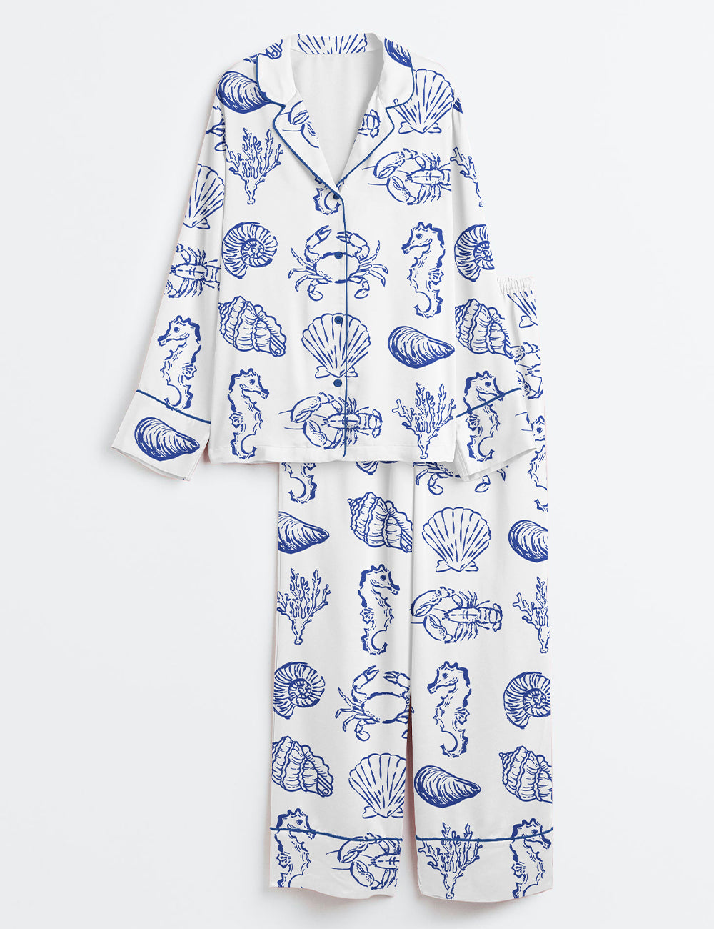 Women’s Summer Seashell Blue Coastal Summer Beach Crab Seahorse Print Long Sleeve Satin Pajama Set