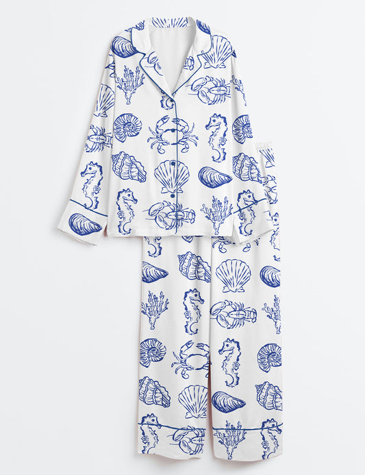 Women’s Summer Seashell Blue Coastal Summer Beach Crab Seahorse Print Long Sleeve Satin Pajama Set