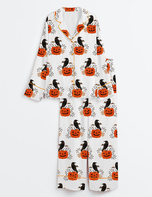 Women’s Halloween Raven Black Crow On Pumpkin Long Sleeve Satin Pajama Set