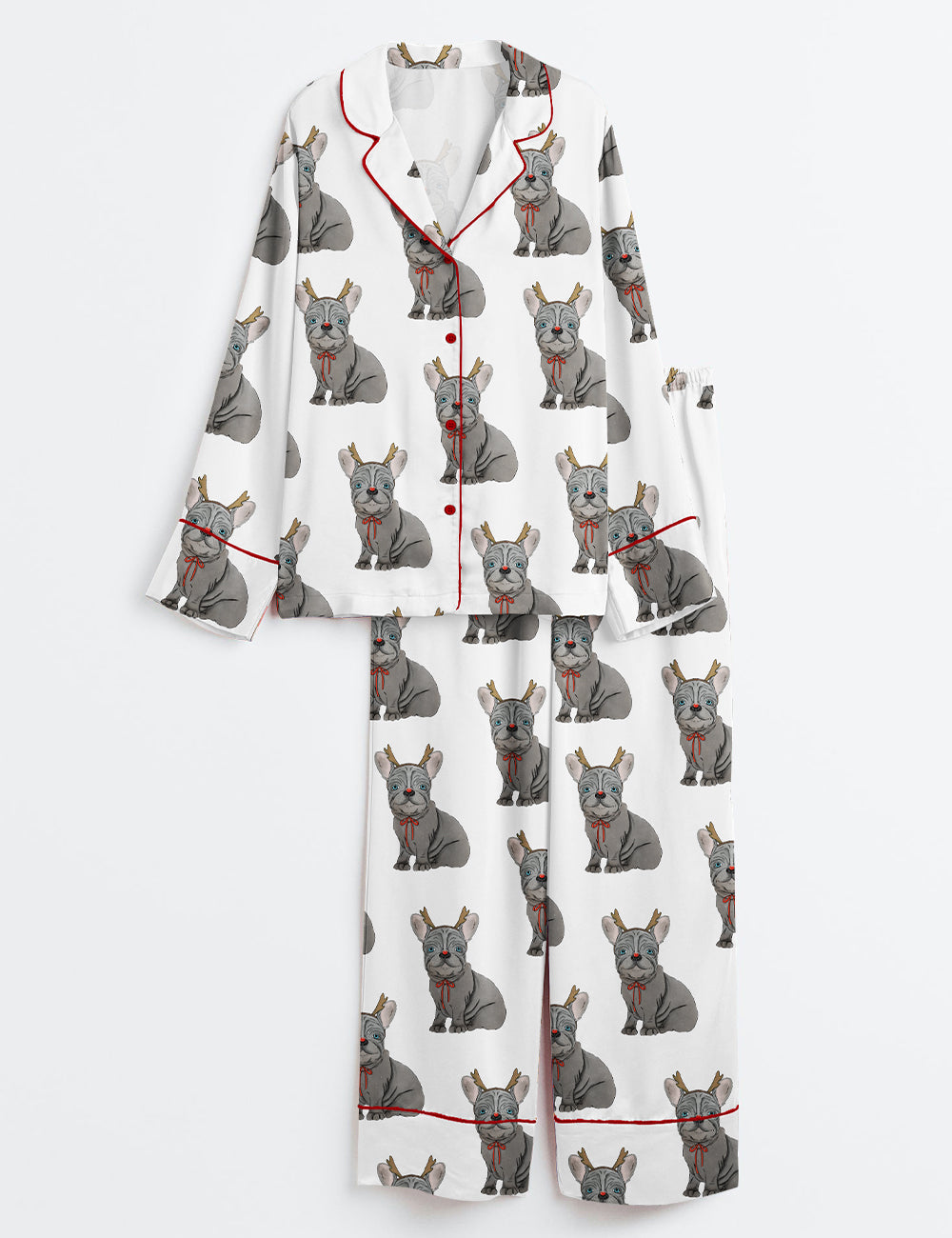 Women’s Christmas Reindeer Frenchie Dog Frenchie Puppy Antlers And Red Nose Long Sleeve Satin Pajama Set