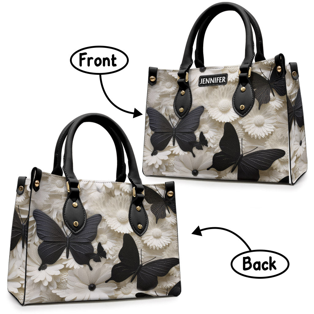 Elegant Black And White Butterflies And Flowers - Personalized Butterfly Leather Handbag