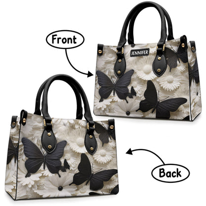 Elegant Black And White Butterflies And Flowers - Personalized Butterfly Leather Handbag