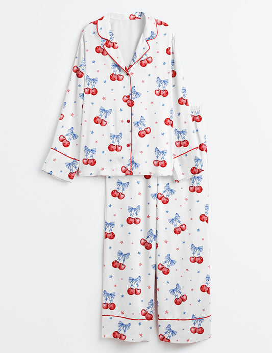 Women's Cherries Be For 4th July Long Sleeve Satin Pajama Set