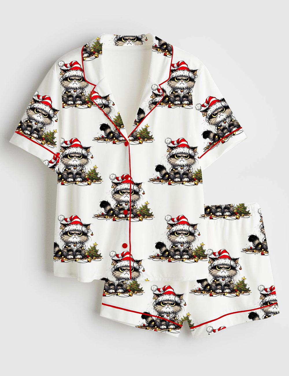 Women’s Angry Cat If I Had Anymore Christmas Spirit I'd Be Shitting Jingle Bells Short Sleeve Satin Pajama Set