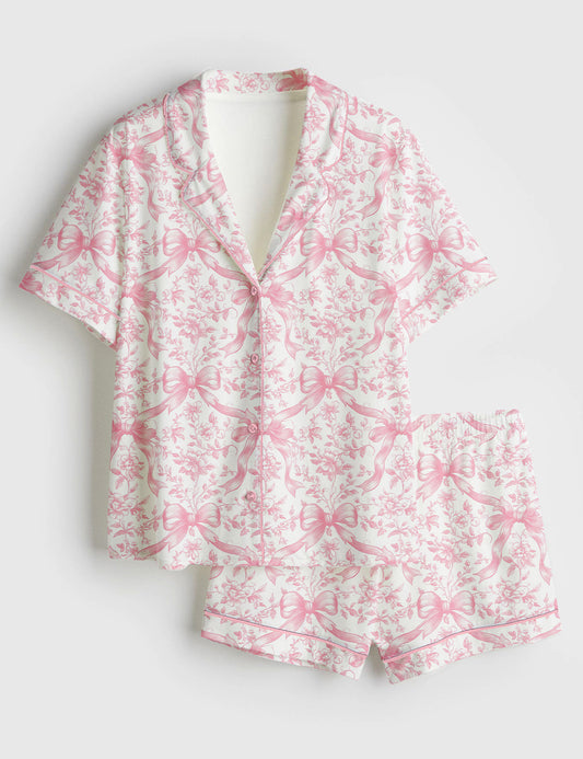 Women’s Pink Coquette Bows Floral Pattern Short Sleeve Satin Pajama Set