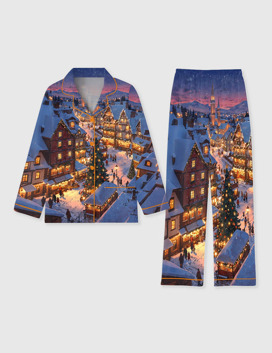 Women's Christmas In New York Night Long Sleeve Pocket Cotton Pajama Set