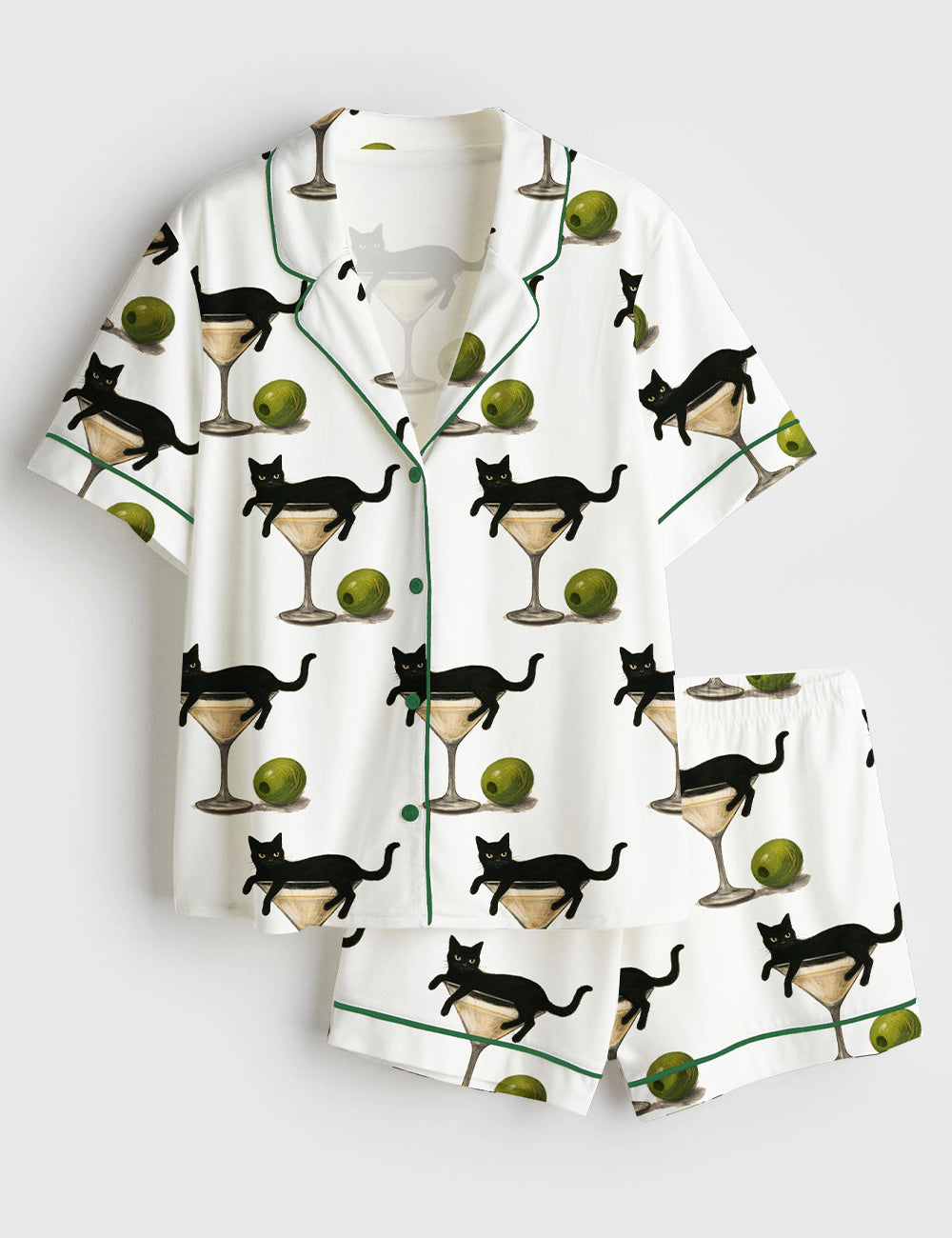 Women’s Black Cat In Martini Cocktail Wine Glasses Short Sleeve Satin Pajama Set