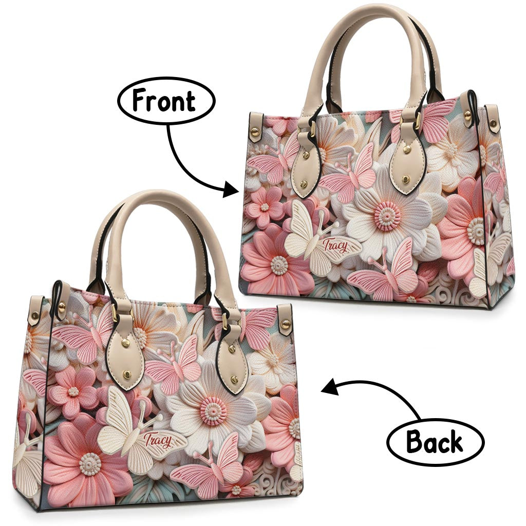 Butterfies And Flowers - Personalized Butterfly Leather Handbag