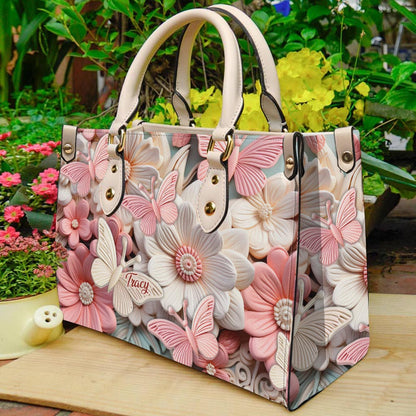 Butterfies And Flowers - Personalized Butterfly Leather Handbag